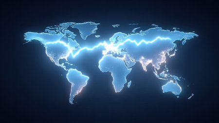 This captivating image features a world map illuminated by an electric blue light, symbolizing global connectivity, communication, and the power of technology in the modern age.の素材