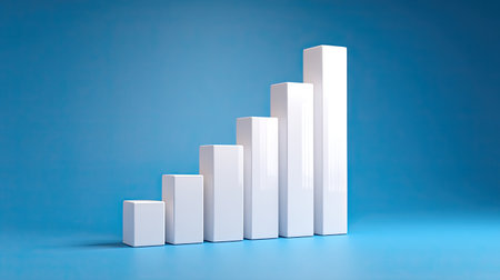 A clean and modern white bar chart rises against a blue backdrop, illustrating business growth, key performance indicators, and analytical insights for strategic planning.の素材