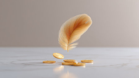 A graceful feather hovers above shiny gold coins scattered on a smooth marble surface, symbolizing wealth and elegance in a minimalist and artistic arrangement.の素材