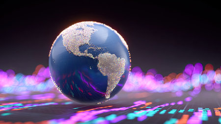 Vibrant 3D illustration of a sparkling globe showcasing the continents, set against a colorful digital background, perfect for themes of technology and globalization.の素材