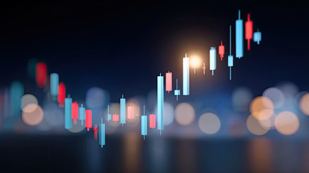 This dynamic image showcases a vibrant financial chart with candlestick patterns, highlighting market trends, set against a blurred cityscape background in evening light.の素材