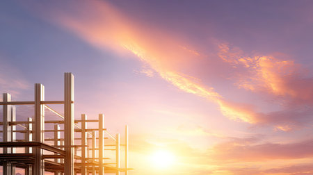 A stunning view of an abstract construction site silhouette with a vibrant sunset, showcasing industrial beams against a colorful sky for creative projects.の素材
