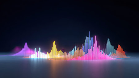 A stunning sound wave visualization featuring bright and colorful peaks on a dark background. Ideal for themes related to music, technology, and data representation.の素材