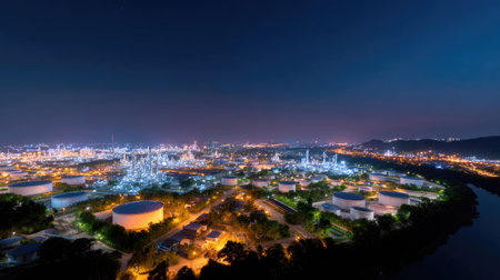 Stunning aerial shot of an oil refinery at night, showcasing bright lights on storage tanks and industrial landscape juxtaposed against a serene waterbody.の素材