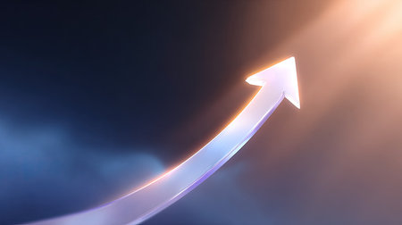 An abstract design presents a glossy upward arrow that represents growth and success, set against a dramatic dark background, evoking inspiration and positivity.の素材