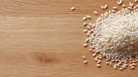 A beautiful arrangement of white rice grains on a smooth wooden surface, perfect for illustrating culinary concepts and healthy eating in food photography.の素材