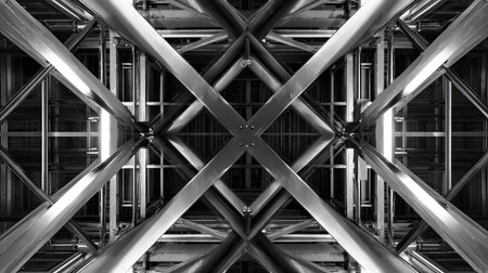 Stunning overhead view of a complex metal structure featuring cross beams and sleek lines, ideal for architectural themes, industrial design, and modern aesthetics.の素材