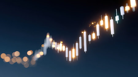 This visually striking image features an abstract financial chart with glowing candles, illustrating a positive trend in stock market data against a dark backdrop.の素材