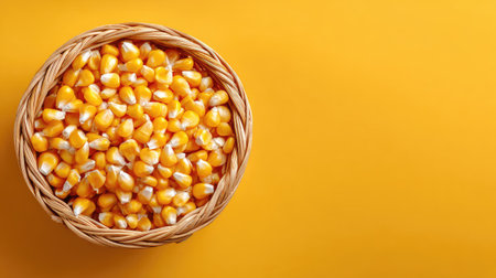 A beautiful arrangement of fresh yellow corn kernels in a woven basket, set against a bright yellow background, emphasizing the vibrancy and natural beauty of harvest.の素材
