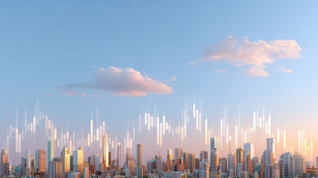 Vibrant urban skyline at dusk featuring colorful clouds and financial graphs overlay, visually representing economic growth and market trends in a modern cityscape.の素材