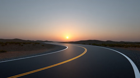 A scenic road gracefully curves through a tranquil desert landscape, illuminated by the warm hues of a sunset, creating a serene atmosphere for nature lovers and travelers.の素材