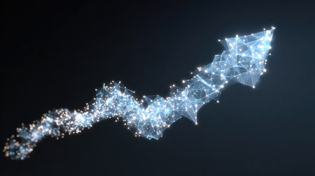 This abstract digital arrow features glowing particles, reflecting themes of growth and progress in technology and business, ideal for creative projects and presentations.の素材