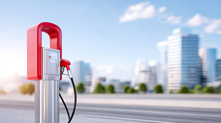 A vibrant red fuel pump stands on the roadside with an urban skyline in the background, symbolizing modern transportation and energy needs in a bustling environment.の素材