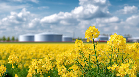 A stunning view of bright yellow flowering fields with industrial storage tanks in the backdrop, showcasing a blend of nature and industry under a vivid blue sky.の素材