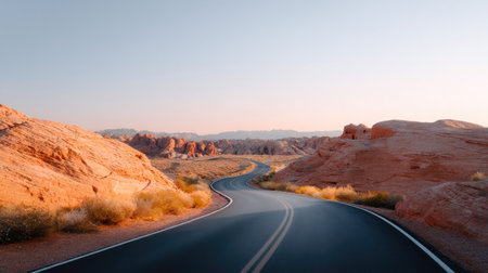 A stunning view of a winding road bordered by striking red rocks under a serene sky, ideal for showcasing the beauty of nature and adventure in the desert landscapes.の素材