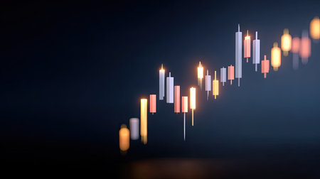 This image illustrates a stock market graph with candle stick patterns highlighting growth trends on a dark background, symbolizing financial analysis and investment insights.の素材