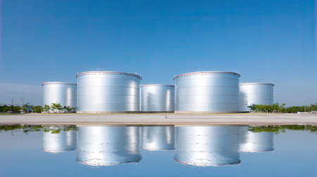 A striking view of modern industrial storage tanks positioned alongside calm water, showcasing a clear blue sky. The image emphasizes symmetry and tranquility in an urban landscape.の素材