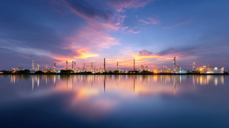 A stunning industrial landscape captured at dusk, featuring vibrant colors in the sky. The reflection on water enhances the beauty of the manufacturing complex.の素材