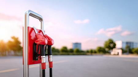 A modern fuel dispenser awaits use at an empty gas station during a beautiful sunset, with vibrant colors illuminating the urban landscape and clear sky.の素材