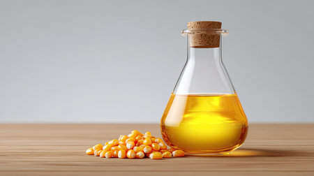 A captivating still life featuring corn oil in a glass flask with a cork stopper next to golden corn kernels, perfect for food, cooking, and natural oil themes.の素材