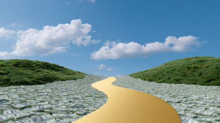 A stunning visualization of a golden pathway flanked by piles of cash, creating an inspiring image of wealth, opportunity, and success under a clear blue sky.の素材