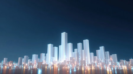 This captivating image showcases a futuristic city skyline at night, featuring illuminated skyscrapers casting reflections on the water, creating a vibrant and serene urban landscape.の素材