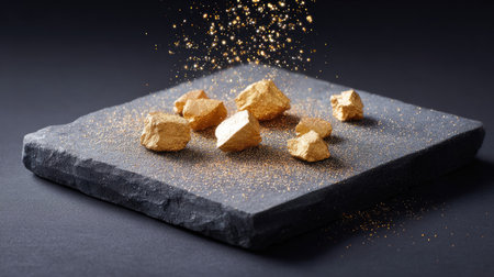 A stunning display of glittering gold nuggets resting on a sleek slate surface, enhanced by a sparkling dust effect, representing concepts of luxury and wealth.の素材
