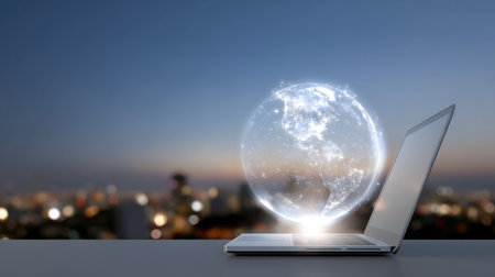 A modern laptop showcases a holographic globe above a stunning city skyline at twilight, symbolizing technology and global connectivity in a vibrant digital world.の素材
