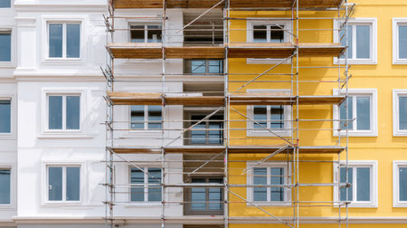 View of a construction site showcasing a renovation project on buildings with scaffolding. One side features a vibrant yellow facade while the other is classic white.の素材