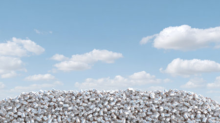 A large heap of crushed aluminum cans ready for recycling sits under a clear blue sky filled with fluffy white clouds, highlighting the importance of environmental sustainability.の素材
