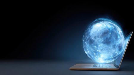Explore an abstract depiction of a digital globe emerging from a laptop, symbolizing the fusion of technology and global connectivity in a mesmerizing dark setting.の素材