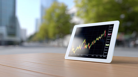 A digital tablet displays a vibrant financial graph showcasing an upward trend, set against a blurred cityscape, perfect for illustrating business growth and analysis.の素材