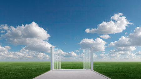 A stunning open white gate stands prominently in a lush green field, framed by a bright blue sky adorned with fluffy clouds, evoking a sense of freedom and serenity.の素材