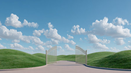 Discover a tranquil landscape featuring open gates leading into lush green hills under a vibrant blue sky with fluffy white clouds, inviting peaceful exploration.の素材