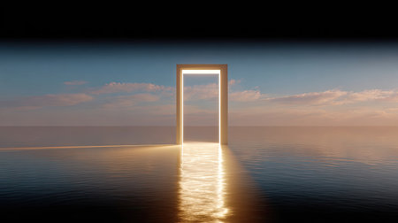 A surreal and peaceful doorway emerges over water, illuminated by soft sunrise light. This captivating scene represents hope, exploration, and new beginnings in life.の素材