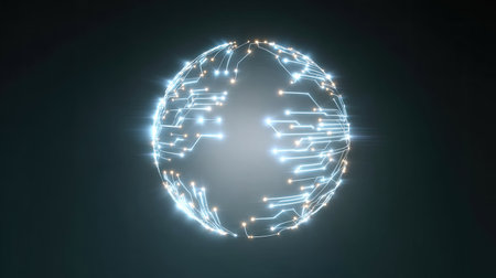 A luminous globe with intricate circuit patterns radiates energy, representing modern technology and global interconnectedness in our digital landscape.の素材