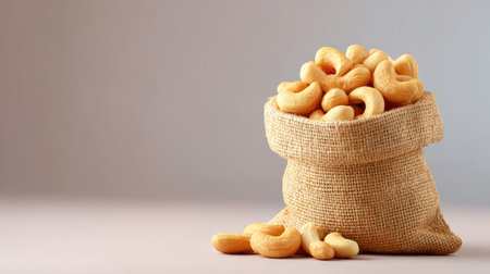 A burlap sack overflowing with fresh cashew nuts sits on a soft gray background. This image captures the essence of healthy snacking and organic food.の素材