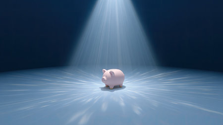 This image features a pink piggy bank illuminated by a bright spotlight on a blue gradient background, representing themes of savings, finance, and money management.の素材