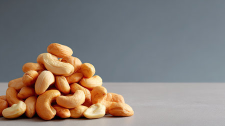 Discover the beauty of raw cashew nuts arranged in a mound against a soft gray background, perfect for promoting healthy snacking and culinary creativity in your projects.の素材