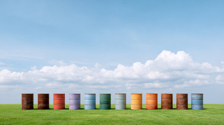 A visually striking arrangement of colorful rusty drums placed on lush green grass beneath a bright blue sky, creating a unique and picturesque outdoor scene.の素材