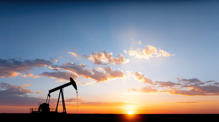 A stunning silhouette of an oil pump jack set against the vibrant colors of a sunset sky, showcasing the tranquil beauty of an oil field during golden hour.の素材
