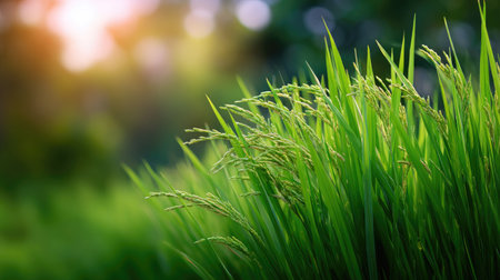 A close-up view of lush green grass illuminated by soft sunlight, creating a tranquil atmosphere with a serene bokeh background, perfect for nature lovers.の素材