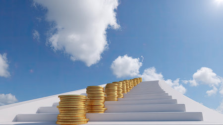 A visually striking image featuring stacks of golden coins ascending a white staircase against a vibrant blue sky with clouds. This illustrates themes of wealth and financial growth.の素材