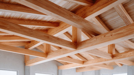 A stunning view of wooden ceiling beams in a modern interior space showcases the beauty of natural materials and thoughtful design in contemporary architecture.の素材