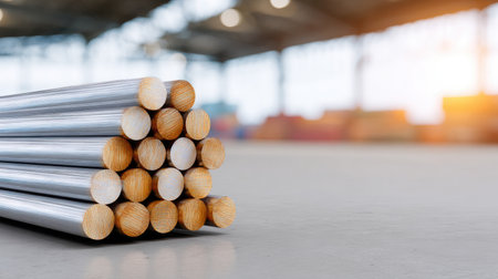 A close-up view of a neatly stacked arrangement of round wooden rods and metallic tubes in a spacious industrial warehouse filled with ambient light.の素材