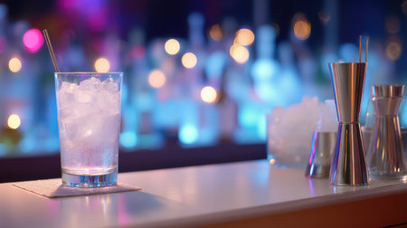 A stylish beverage filled with ice sits on a sleek bar counter, illuminated by colorful bokeh lights, creating a lively and inviting atmosphere.の素材