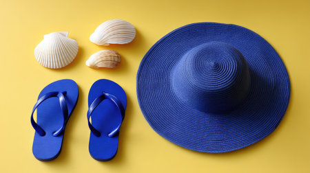 This vibrant flat lay features a bright blue summer hat and sandals alongside seashells on a cheerful yellow background, evoking a perfect beach vacation.の素材