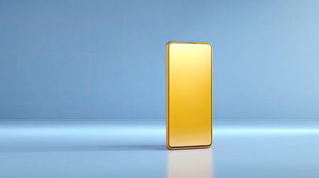 A striking modern smartphone featuring a gold accent, positioned against a minimalist blue background, highlighting contemporary technology and design trends.の素材