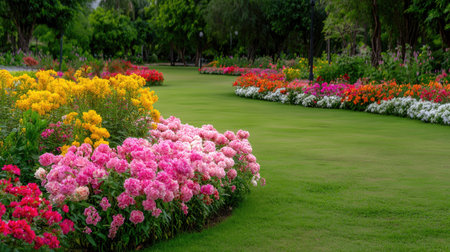 A stunning view of a flower garden showcasing a vibrant array of blossoms arranged along a lush green pathway, creating a peaceful outdoor retreat.の素材