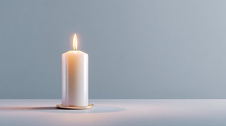 A solitary elegant white candle burns softly on a minimalistic background, casting a warm glow and gentle shadows that add to the serene atmosphere.の素材